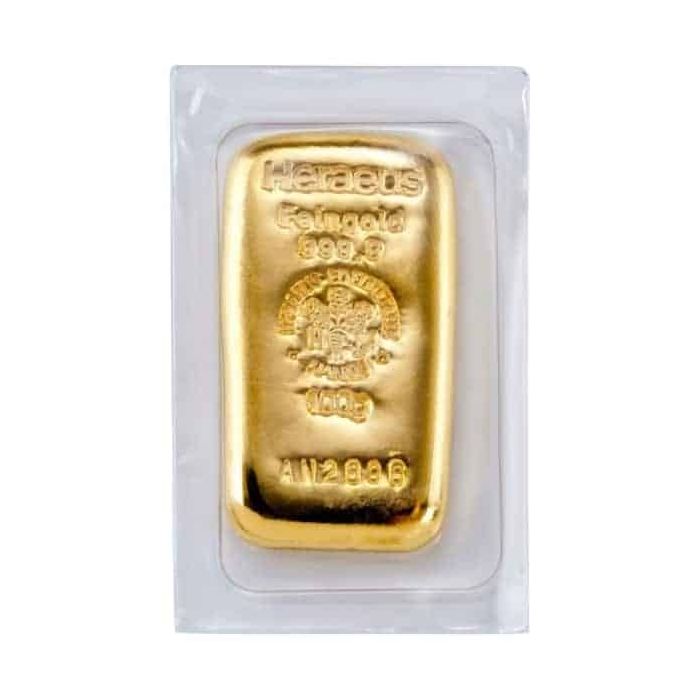 100-Gramm-Goldbarren-Heraeus-gegossen-F