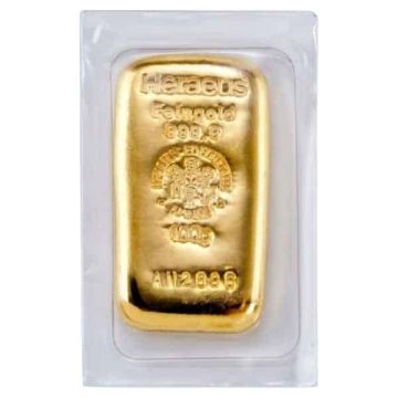 100 Gramm Goldbarren Heraeus (gegossen)