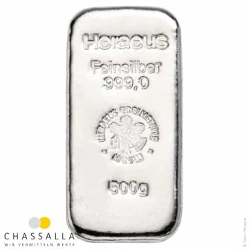 500 Gramm Silberbarren Heraeus